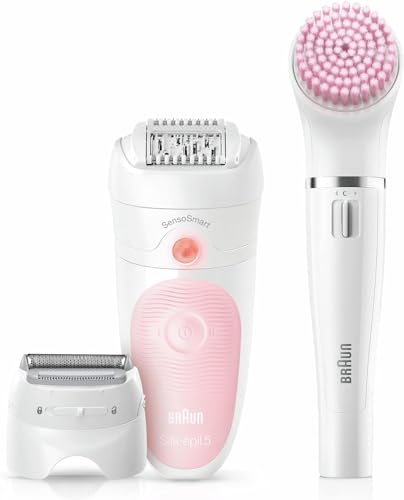 Braun Silk-épil 5, Epilierer Damen / Haarentferner für langanhaltende Haarentfernung, Ladyshaver,Trimmeraufsatz, Peelingaufsätz, Made in Germany, 5-060, Weiß/Flamingorosa