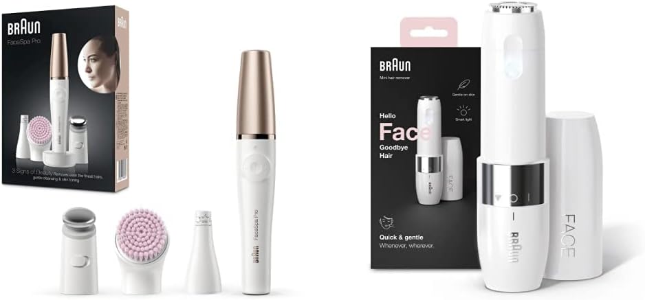 Braun FaceSpa Pro Beauty Set mit Gesichtsepilierer, Gesichtsreinigungsbürste, Aufsatz, Halter und Tasche, SE912, weiß/bronze & Face Mini-Haarentferner, für Damen, FS1000, weiß