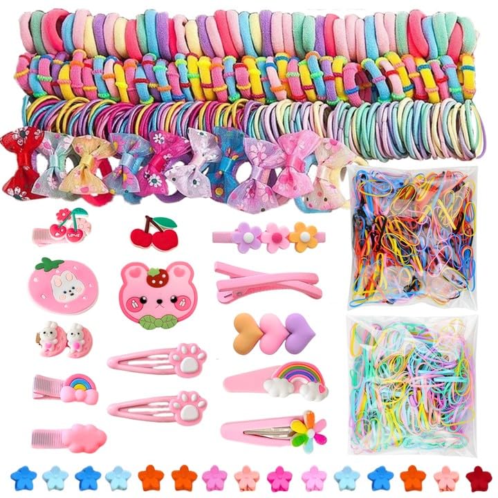 LUFFLOK 1189 Stück Haargummis Mädchen, Bunte Haargummis und Scrunchies, Süße Haarklammern, Haargummi Damen ohne Schäden, Kleine Haarspangen und Mädchen Haarschmuck Set für Feines Haar (1189 Stück)