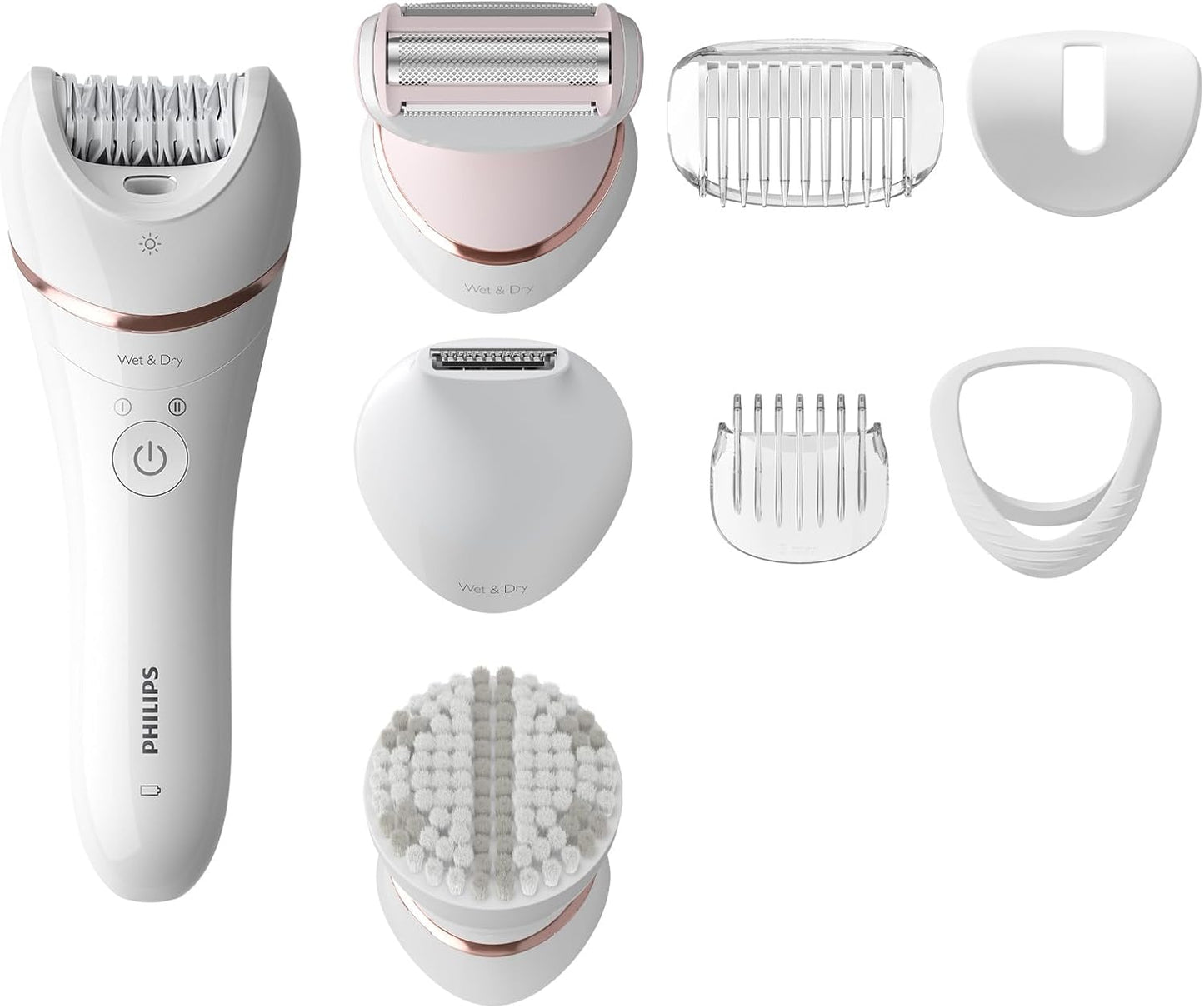 Philips Epilierer Series 8000, kabelloser Nass- und Trockenepilierer für Beine und Körper, Haarentfernungsgerät, mit 8 Zubehörteilen, Rasierer, Langhaarschneider und Körperpeeling-Gerät, (BRE735/00)