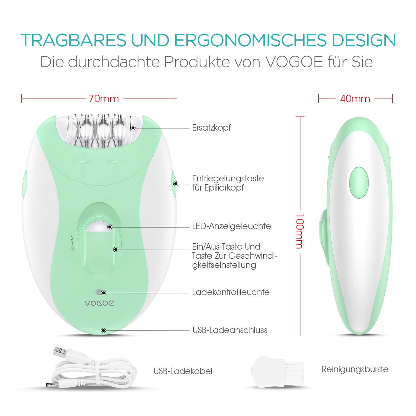 VOGOE Women's Epilator for Hair Removal, Epelator Body 4 in 1 Electric Wireless, 21 Tweezers for Face, Legs, Arms, Bikini, HR310 Green