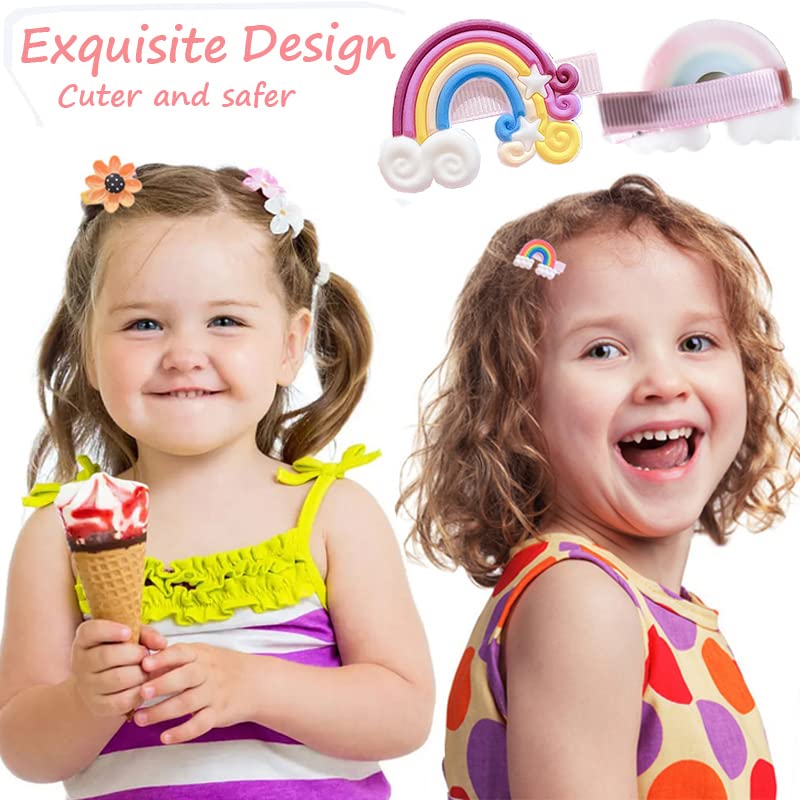 28 Stück süße Haarspangen, modische Haar-Accessoires für Mädchen, Blumen, Früchte, bunt, Regenbogen, Süßigkeiten, Desserts, niedliche Tier-Haarspangen-Set, rutschfeste Metall-Druckknöpfe (Rosa)