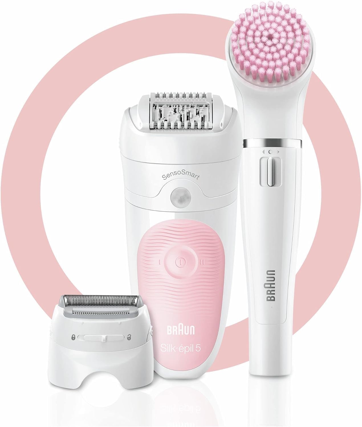 Braun Silk-épil 5, Epilierer Damen / Haarentferner für langanhaltende Haarentfernung, Ladyshaver,Trimmeraufsatz, Peelingaufsätz, Made in Germany, 5-060, Weiß/Flamingorosa