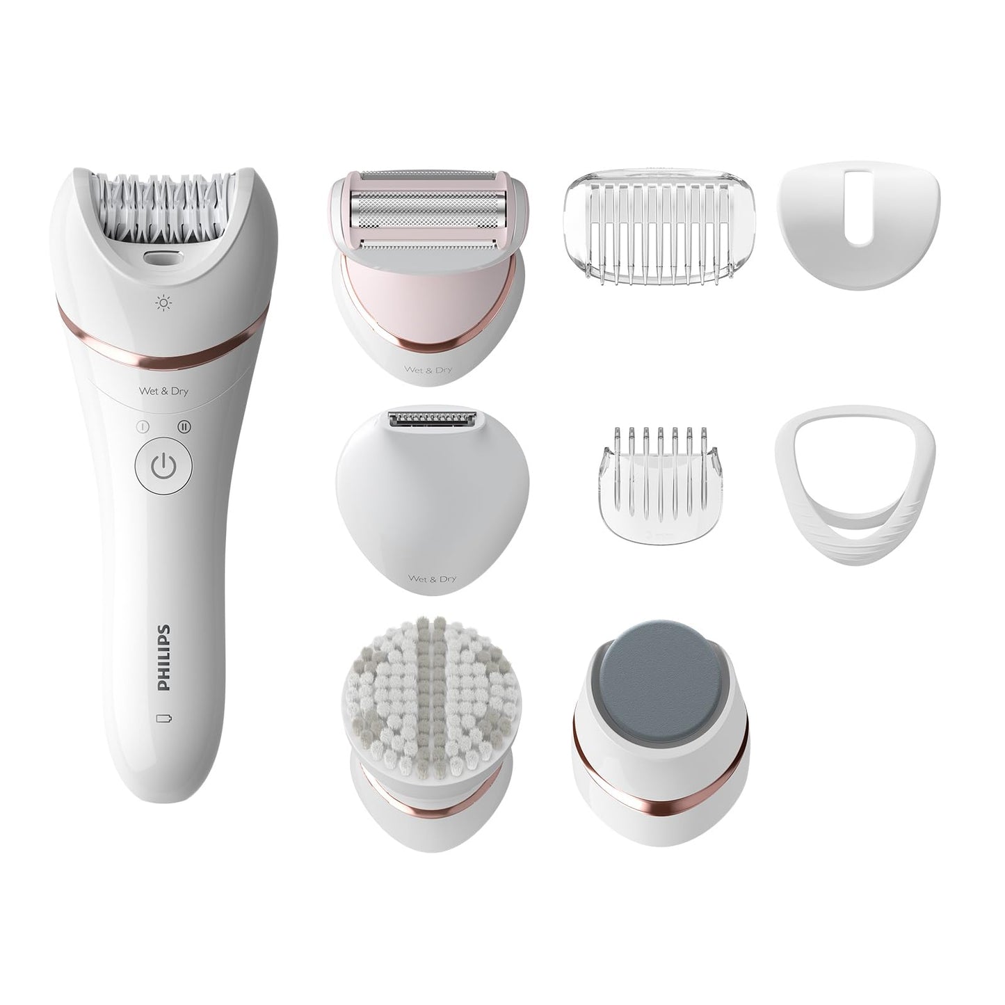 Philips Epilierer Series 8000, kabelloser Nass- und Trockenepilierer für Beine und Körper, mit 9 Zubehörteilen, Rasierer, Langhaarschneider, Pediküre und Körperpeeling-Gerät, Modell BRE740/10