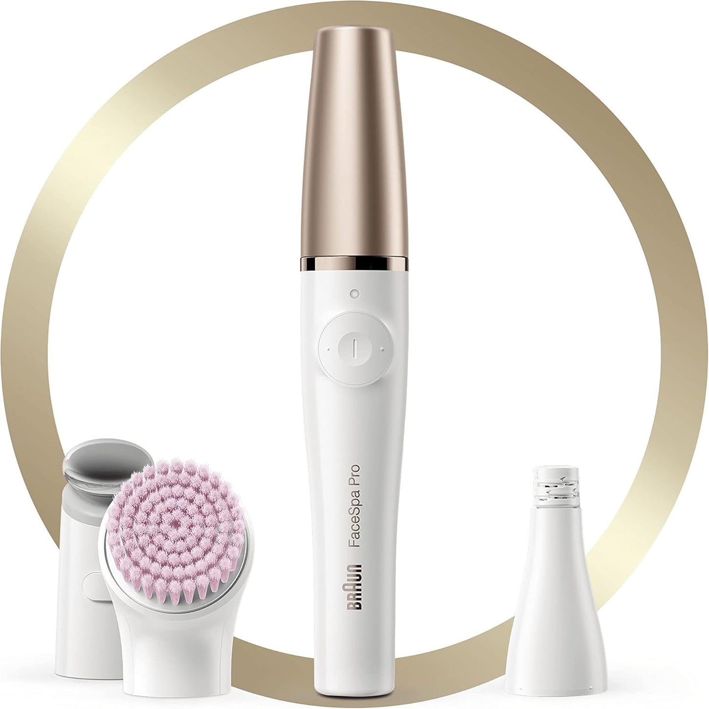Braun FaceSpa Pro Beauty Set mit Gesichtsepilierer, Gesichtsreinigungsbürste, Aufsatz, Halter und Tasche, SE912, weiß/bronze & Face Mini-Haarentferner, für Damen, FS1000, weiß