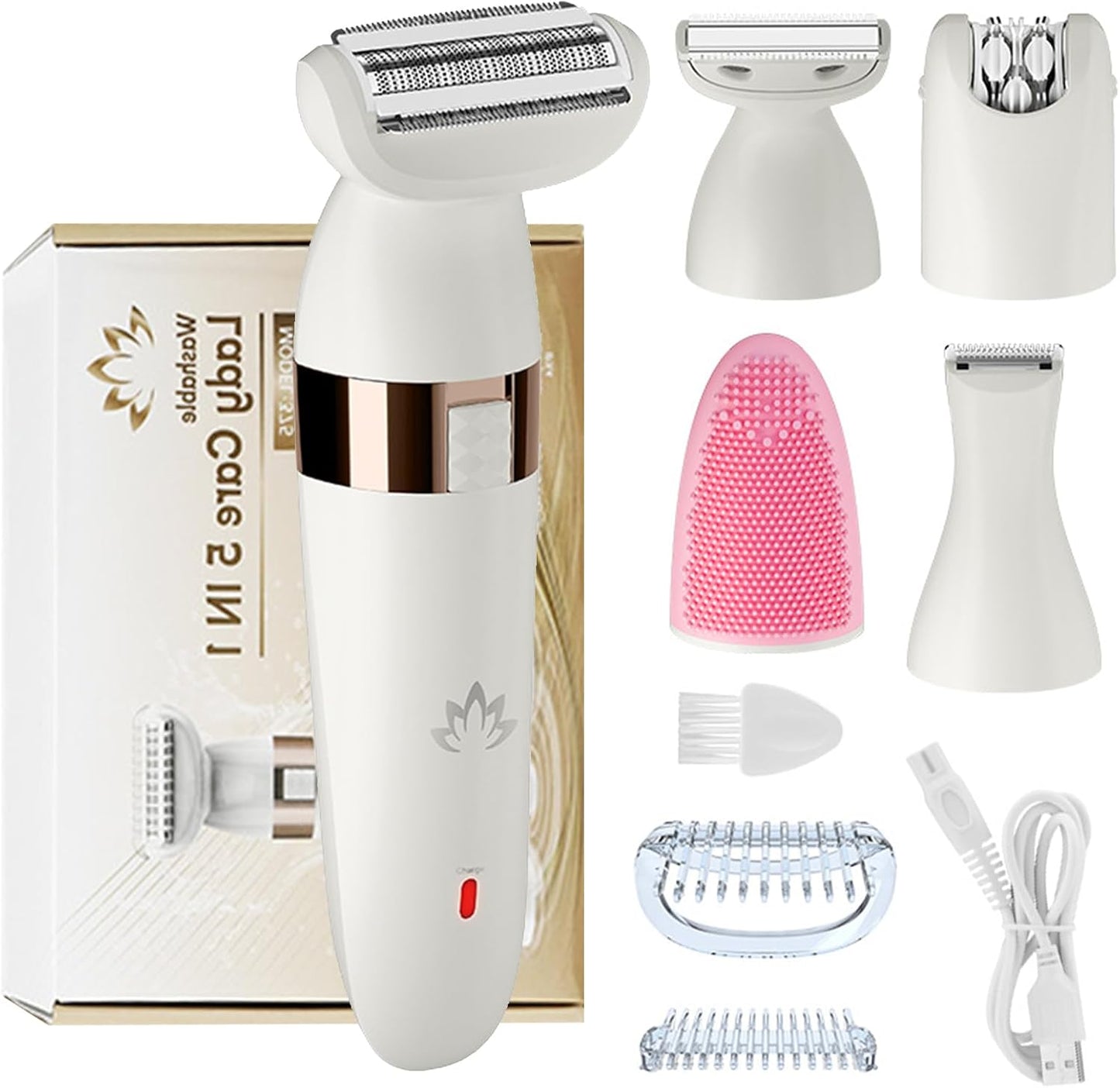 Epilierer Damen, 5 in1 Rasierer Damen Kabellos, Damenrasierer Elektrisch, Intimrasierer für Frauen USB Lady Shaver Elektrisch,IPX4 Nass- und Trockengebrauch für Beine, Arme, Achseln,Bikinizone