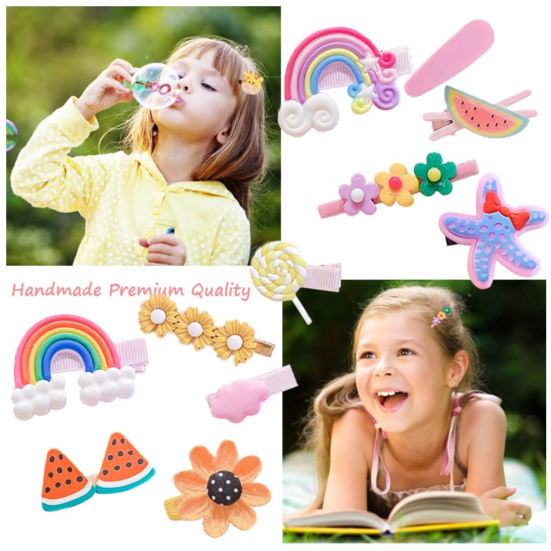 28 Stück süße Haarspangen, modische Haar-Accessoires für Mädchen, Blumen, Früchte, bunt, Regenbogen, Süßigkeiten, Desserts, niedliche Tier-Haarspangen-Set, rutschfeste Metall-Druckknöpfe (Rosa)