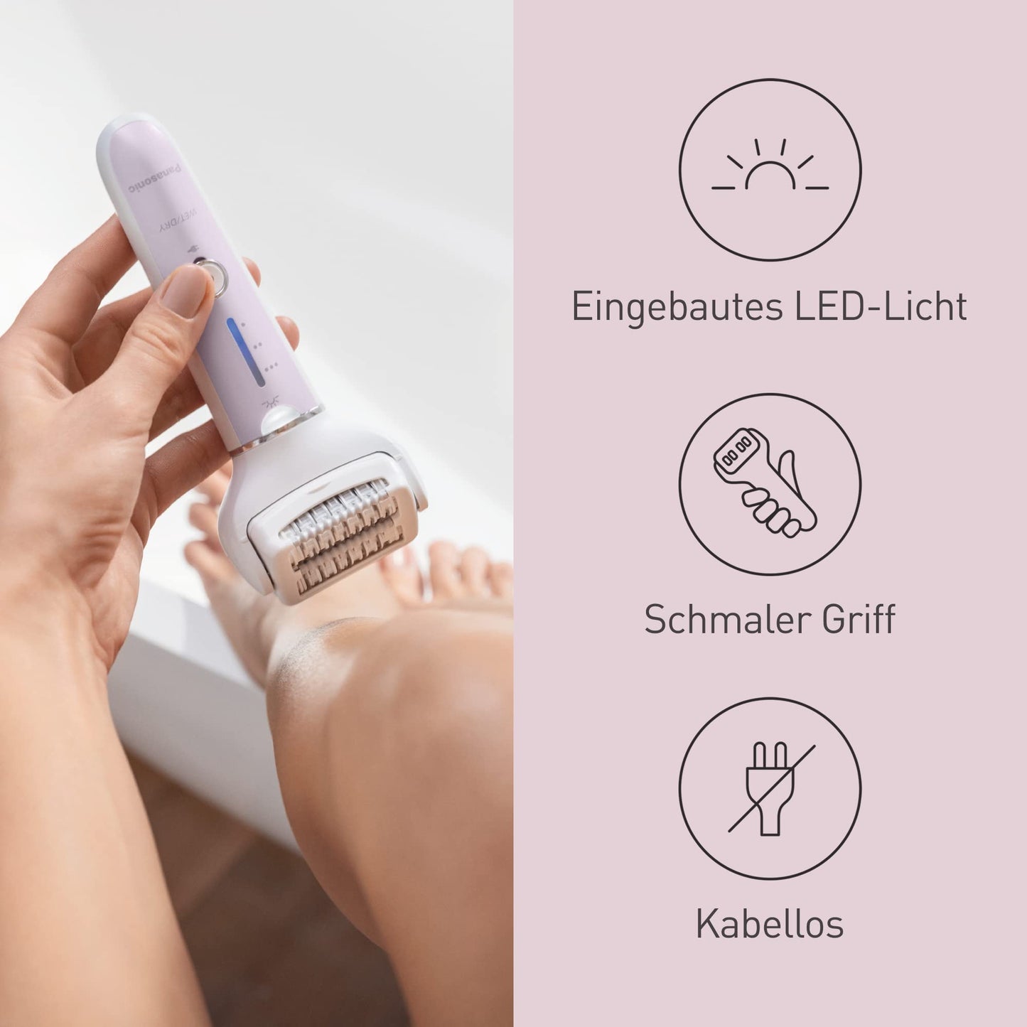 Panasonic ES-EY90-A503 Nass/Trockenepilierer, Dual Disc mit 60 Pinzetten, 90° schwenkbarer Kopf, 3 Geschwindigkeiten & LED-Licht, 30 Min. Betrieb, kabellos, Haarentferner, Scher- und Fußpflegekopf.