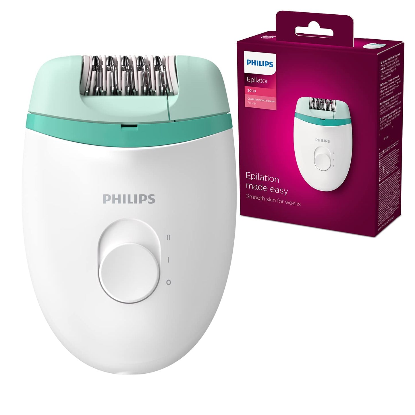 Philips Satinelle Essential BRE224/00 Compact Wired Epilator - White/Green