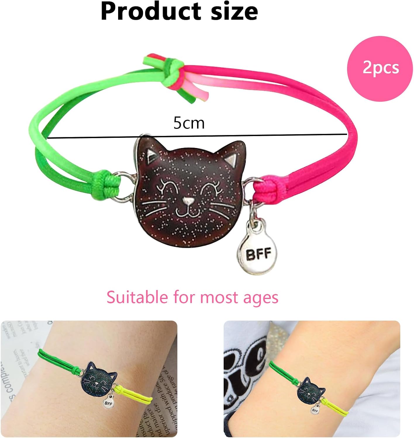 Pack of 2 Mood Bracelets, Friendship Bracelets, Girls' Changing Rainbow Colours, Elastic Colour Changing Cat Bracelet for Children, Children's Birthdays, Boys and Girls, Silicone