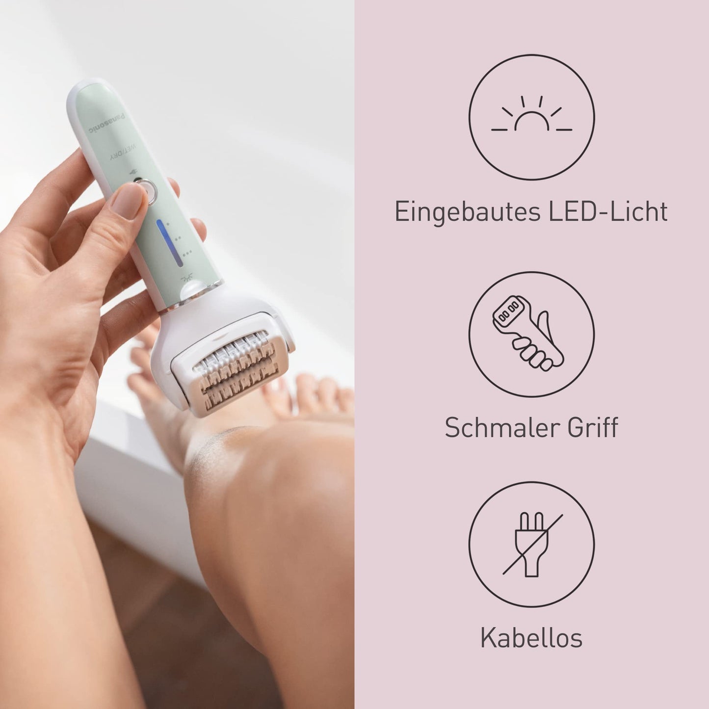 Panasonic ES-EY90-A503 Nass/Trockenepilierer, Dual Disc mit 60 Pinzetten, 90° schwenkbarer Kopf, 3 Geschwindigkeiten & LED-Licht, 30 Min. Betrieb, kabellos, Haarentferner, Scher- und Fußpflegekopf.