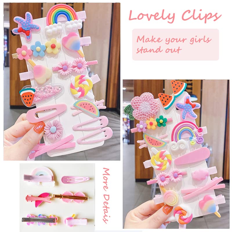 28 Stück süße Haarspangen, modische Haar-Accessoires für Mädchen, Blumen, Früchte, bunt, Regenbogen, Süßigkeiten, Desserts, niedliche Tier-Haarspangen-Set, rutschfeste Metall-Druckknöpfe (Rosa)