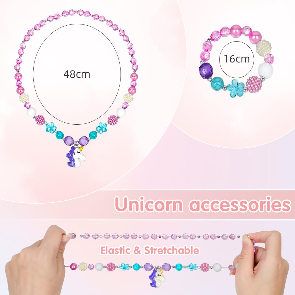 OSDUE Schmuckset Mädchen, Kinderschmuck Enthalten Halskette, Ringe, Armbänder, Ohrring, Schmuck Set Einhorn für Party Dress Up Geschenk