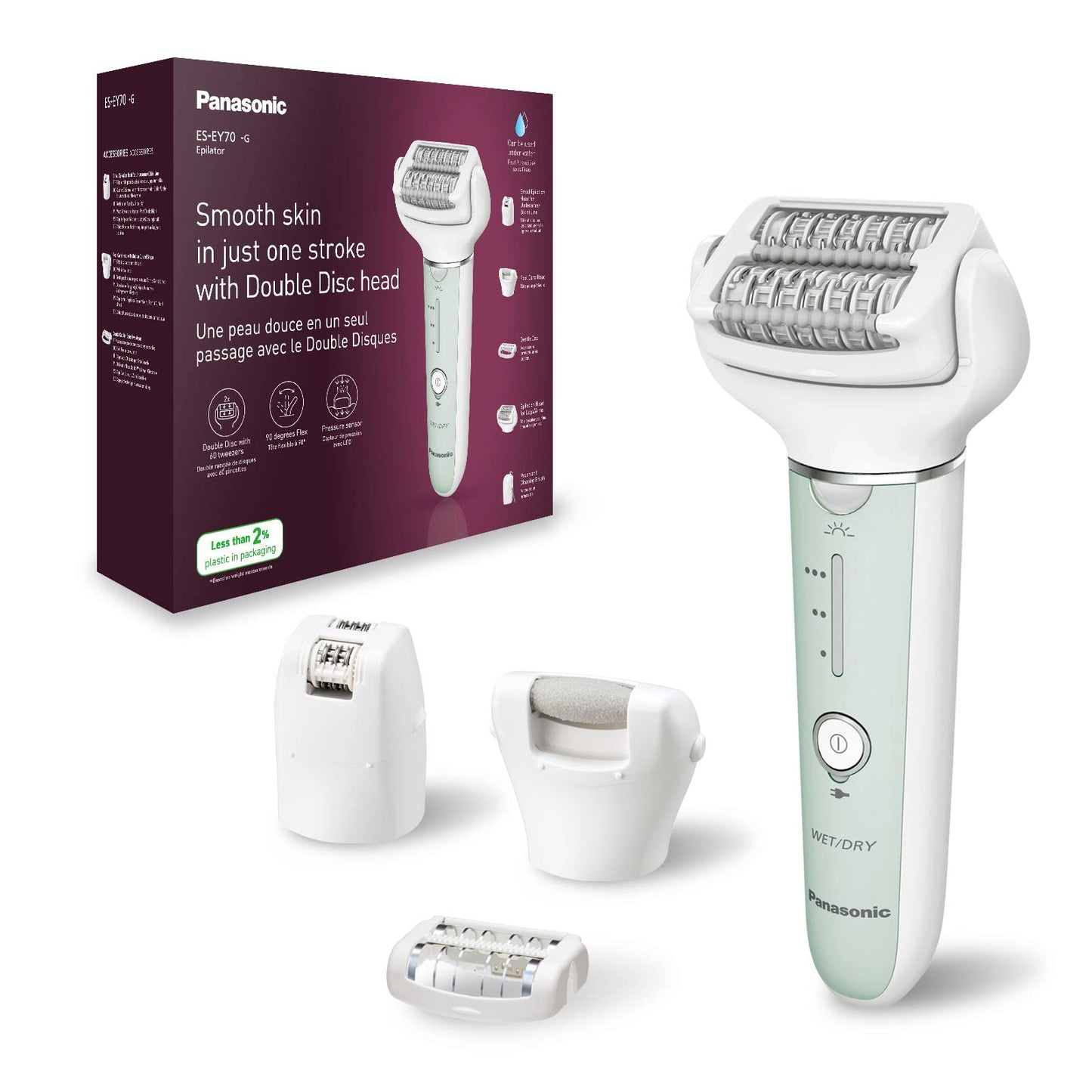 Panasonic ES-EY90-A503 Nass/Trockenepilierer, Dual Disc mit 60 Pinzetten, 90° schwenkbarer Kopf, 3 Geschwindigkeiten & LED-Licht, 30 Min. Betrieb, kabellos, Haarentferner, Scher- und Fußpflegekopf.