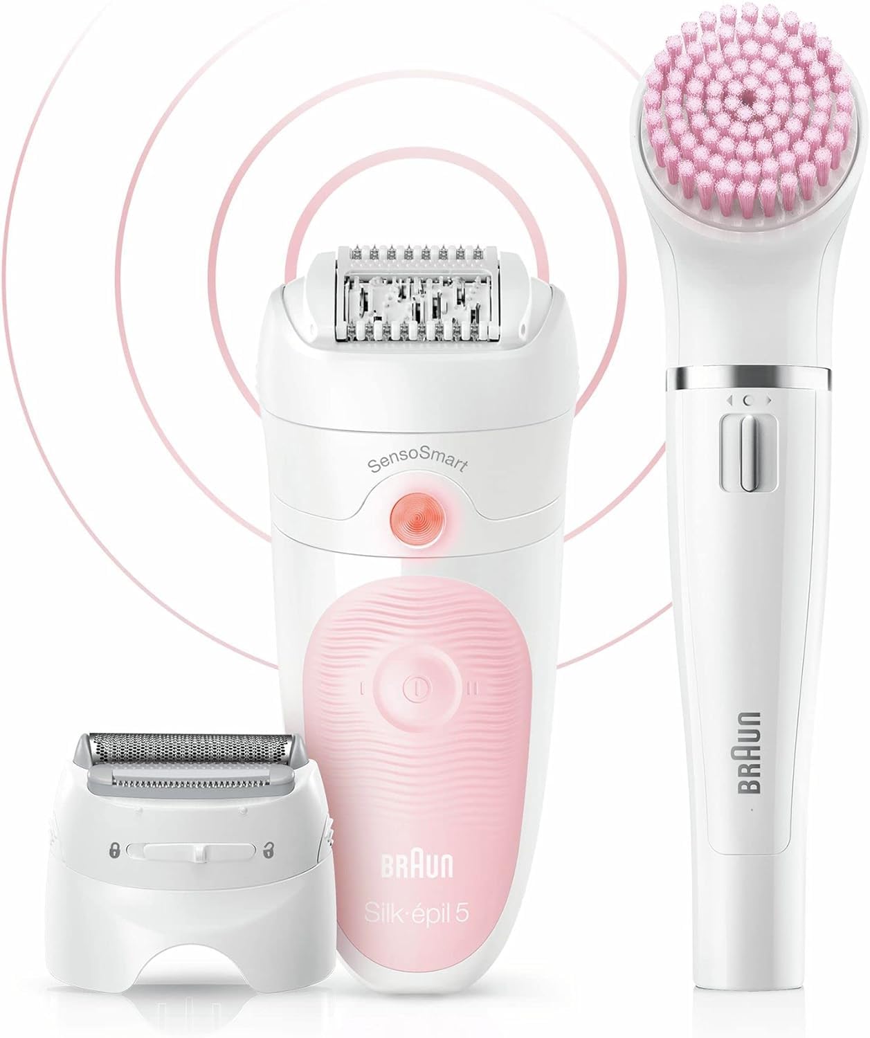Braun Silk-épil 5, Epilierer Damen / Haarentferner für langanhaltende Haarentfernung, Ladyshaver,Trimmeraufsatz, Peelingaufsätz, Made in Germany, 5-060, Weiß/Flamingorosa