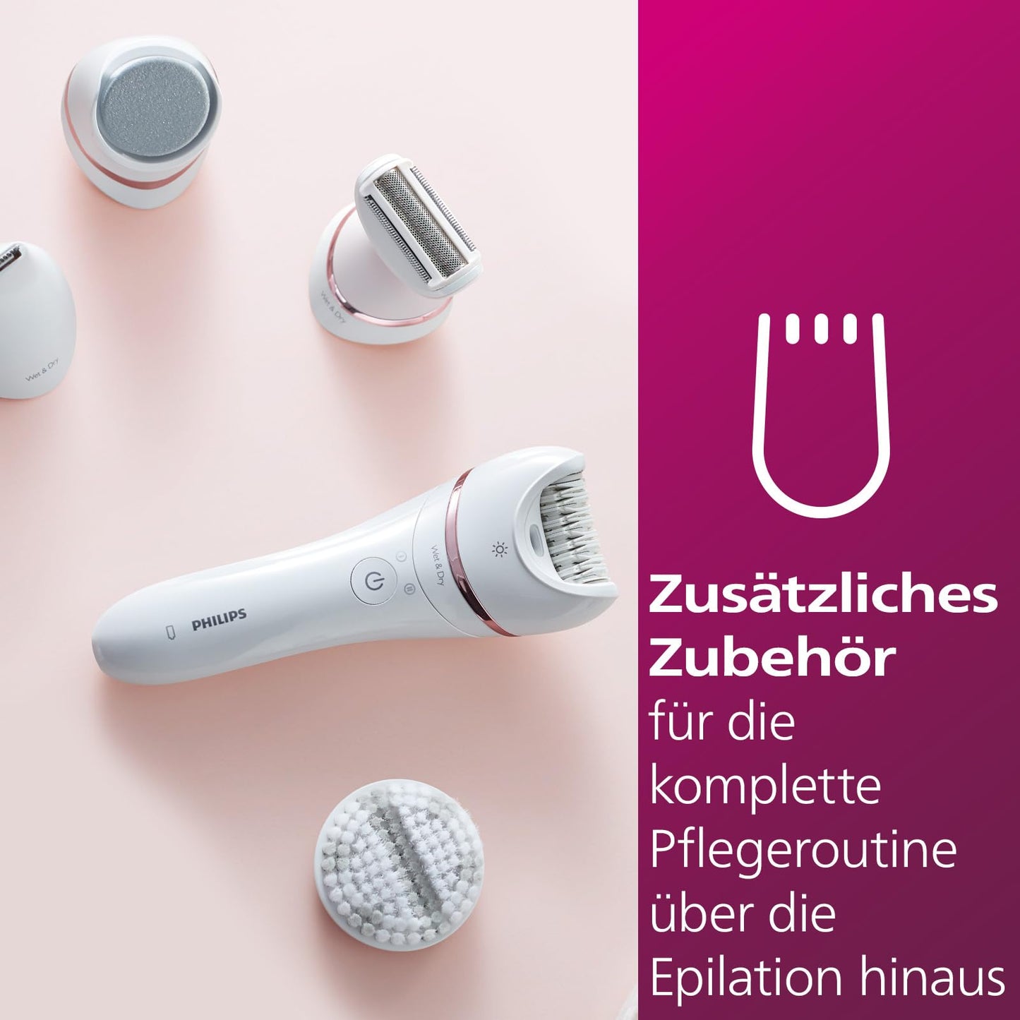 Philips Epilierer Series 8000, kabelloser Nass- und Trockenepilierer für Beine und Körper, mit 9 Zubehörteilen, Rasierer, Langhaarschneider, Pediküre und Körperpeeling-Gerät, Modell BRE740/10