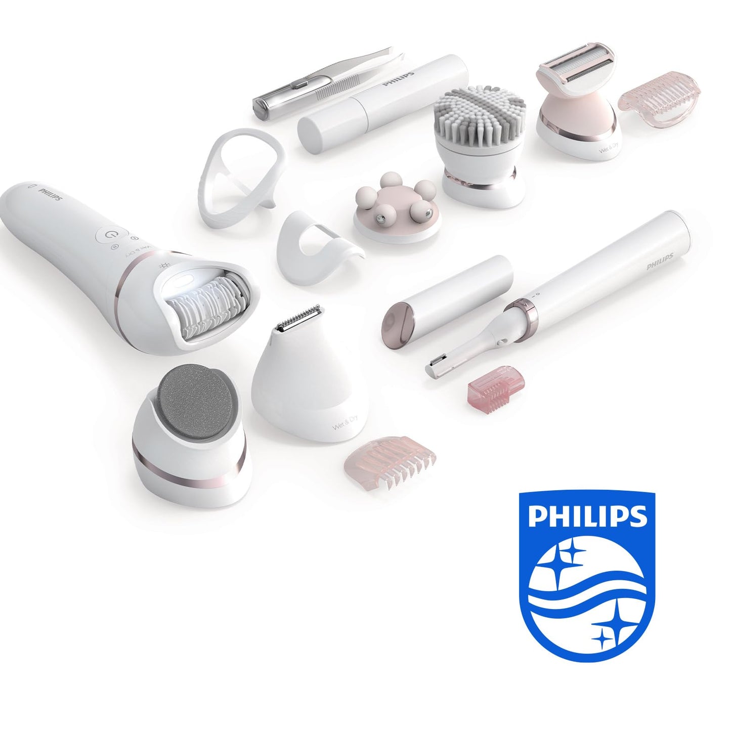 Philips Epilierer Series 8000, kabelloser Nass- und Trockenepilierer für Beine und Körper, mit 9 Zubehörteilen, Rasierer, Langhaarschneider, Pediküre und Körperpeeling-Gerät, Modell BRE740/10