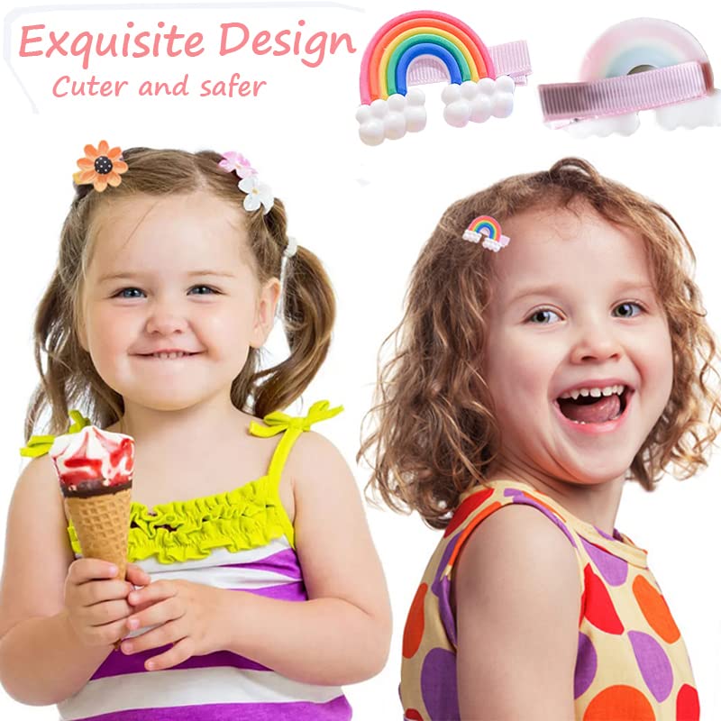 28 Stück süße Haarspangen, modische Haar-Accessoires für Mädchen, Blumen, Früchte, bunt, Regenbogen, Süßigkeiten, Desserts, niedliche Tier-Haarspangen-Set, rutschfeste Metall-Druckknöpfe (Rosa)