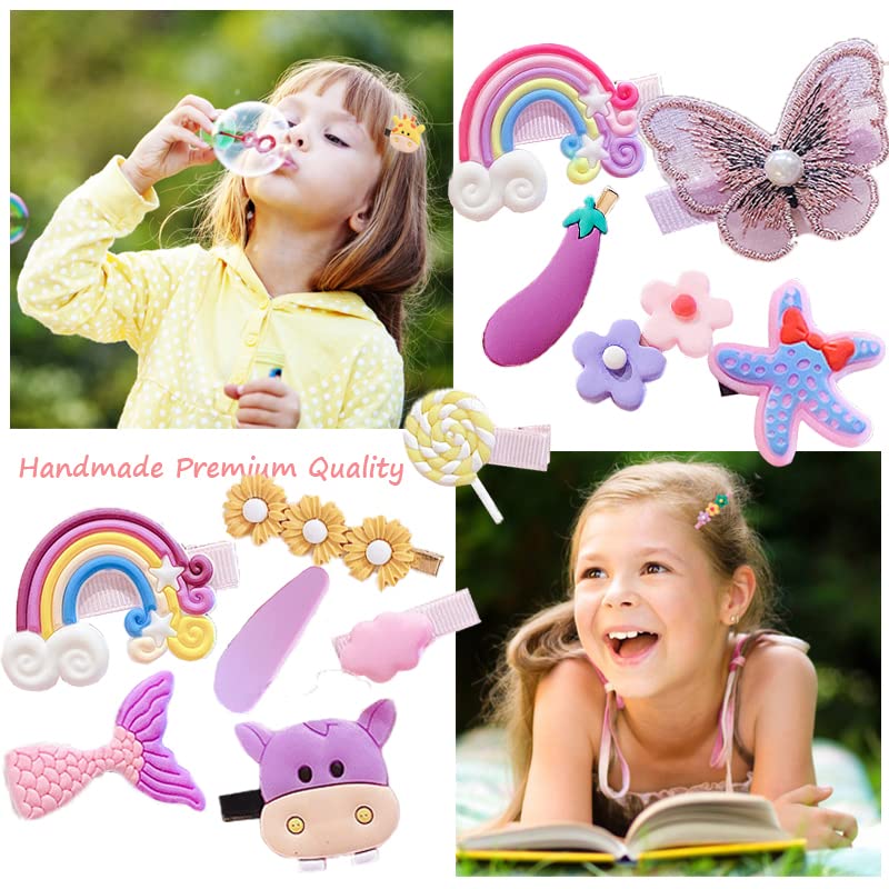 28 Stück süße Haarspangen, modische Haar-Accessoires für Mädchen, Blumen, Früchte, bunt, Regenbogen, Süßigkeiten, Desserts, niedliche Tier-Haarspangen-Set, rutschfeste Metall-Druckknöpfe (Rosa)