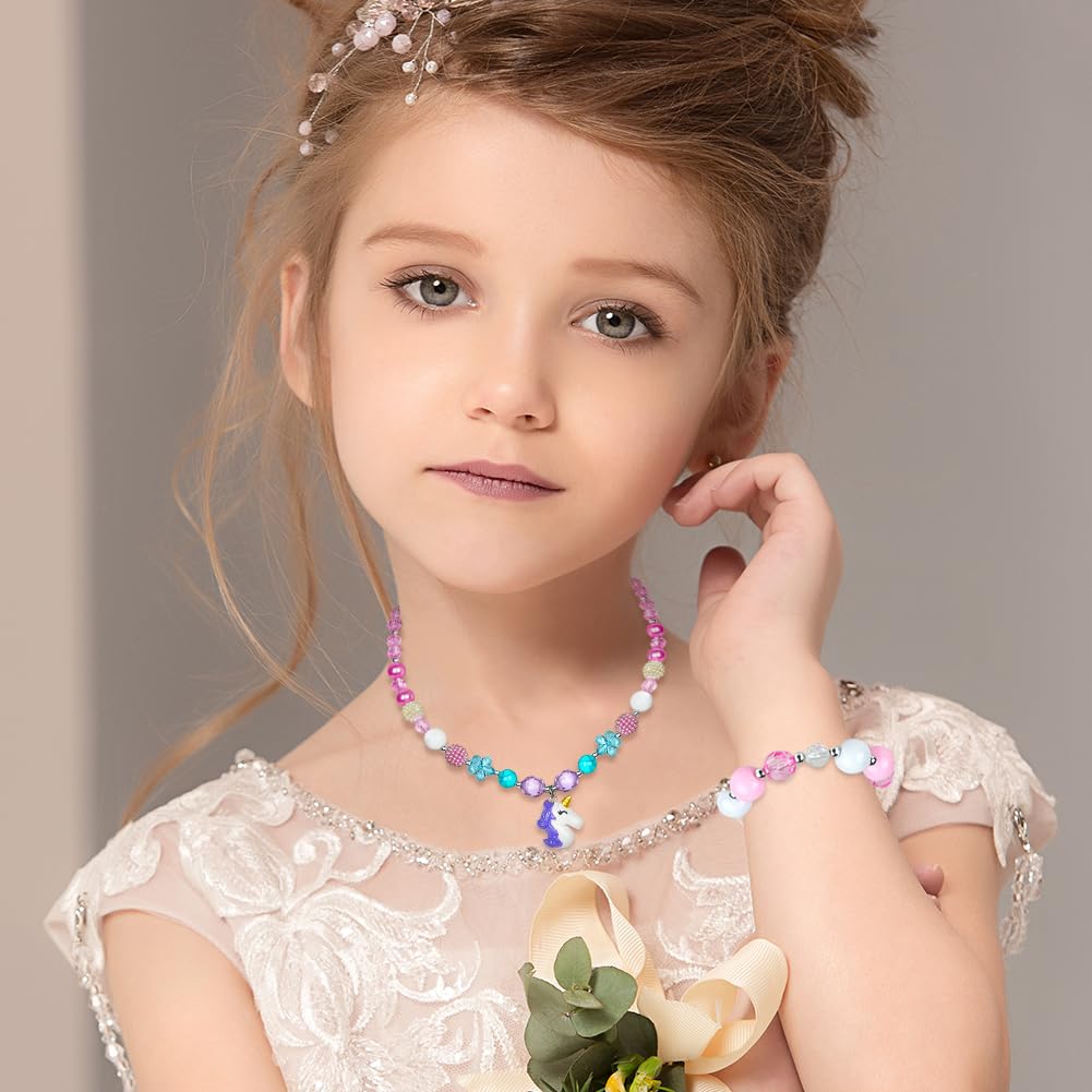 OSDUE Schmuckset Mädchen, Kinderschmuck Enthalten Halskette, Ringe, Armbänder, Ohrring, Schmuck Set Einhorn für Party Dress Up Geschenk