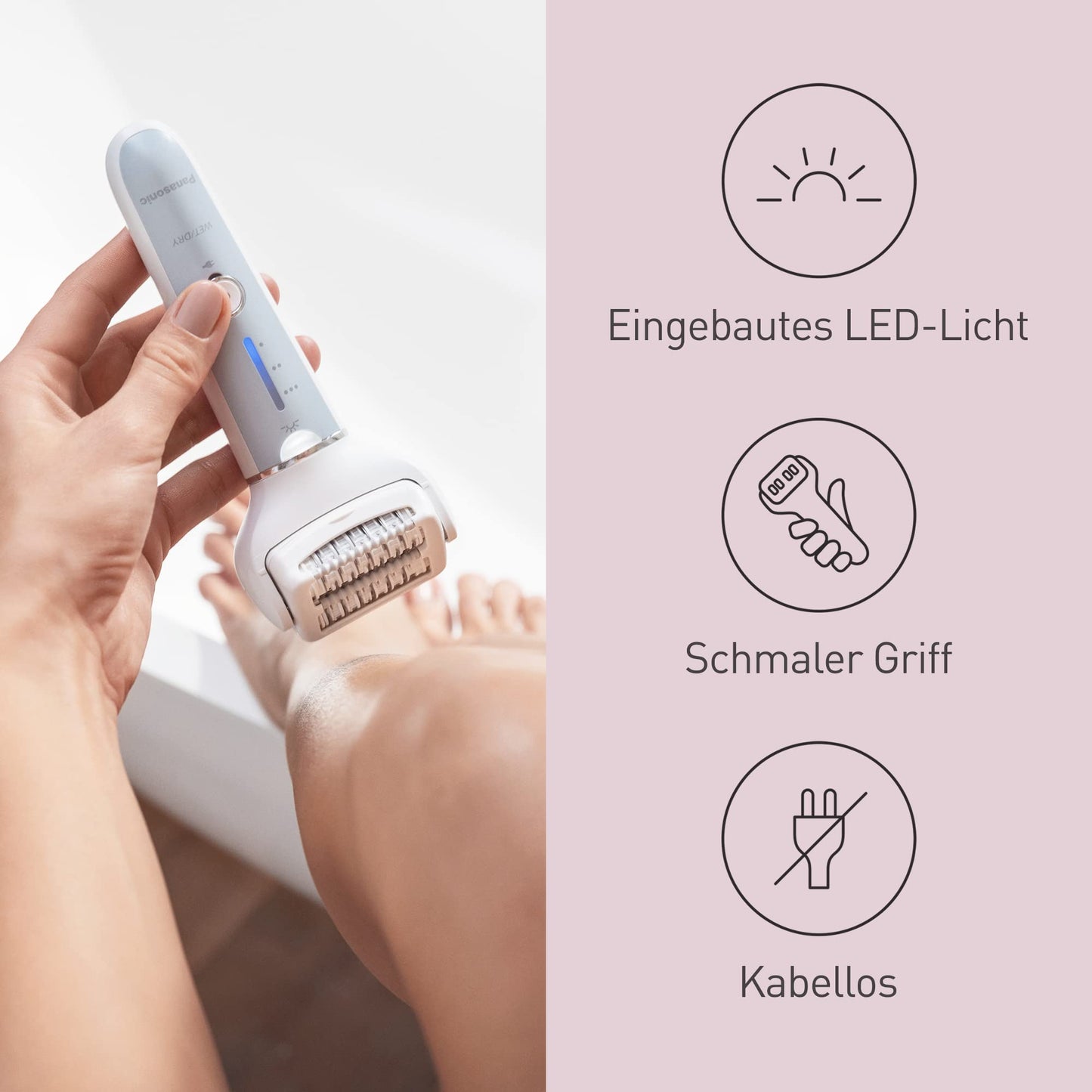 Panasonic ES-EY90-A503 Nass/Trockenepilierer, Dual Disc mit 60 Pinzetten, 90° schwenkbarer Kopf, 3 Geschwindigkeiten & LED-Licht, 30 Min. Betrieb, kabellos, Haarentferner, Scher- und Fußpflegekopf.