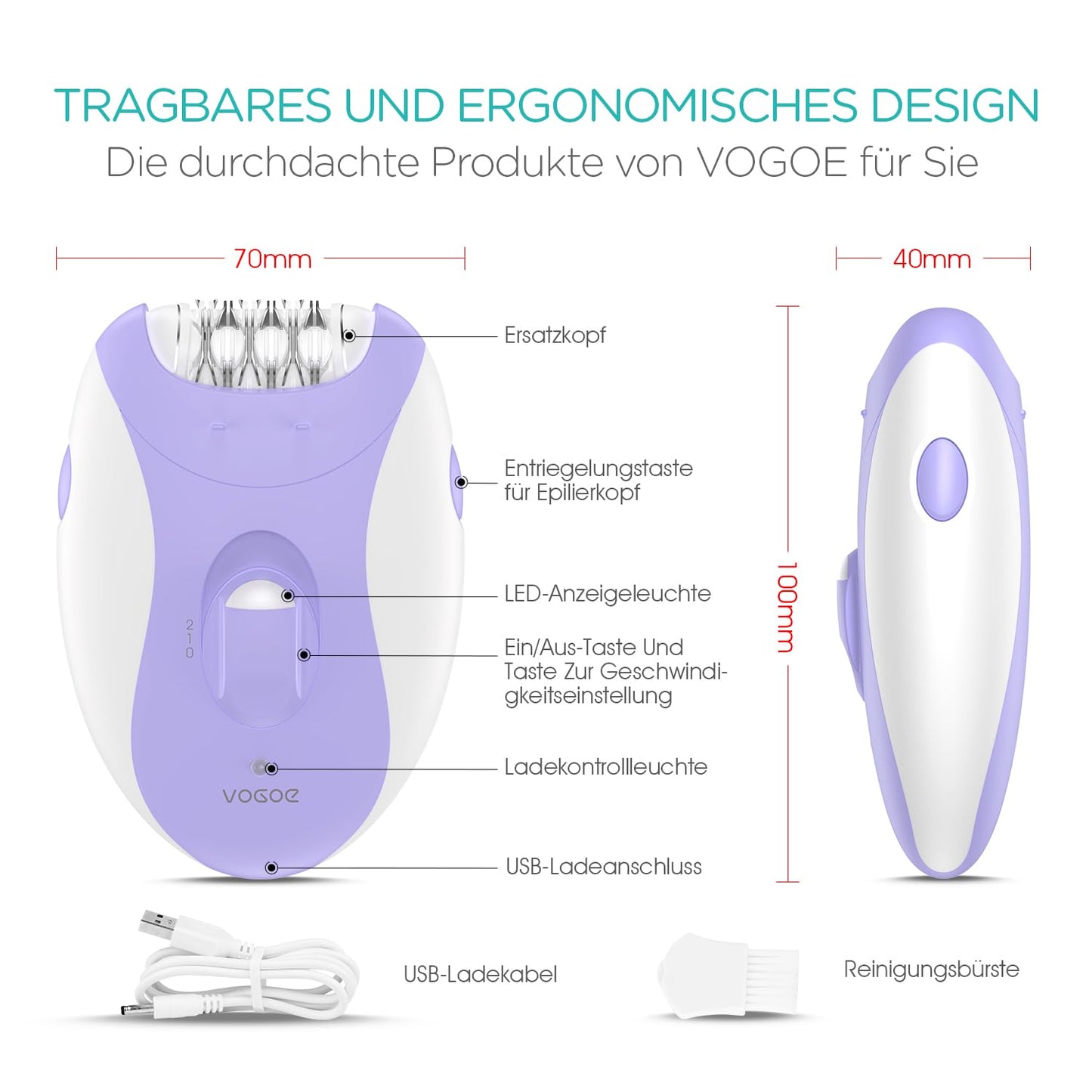 VOGOE Women's Epilator for Hair Removal, Epelator Body 4 in 1 Electric Wireless, 21 Tweezers for Face, Legs, Arms, Bikini, HR310 Green