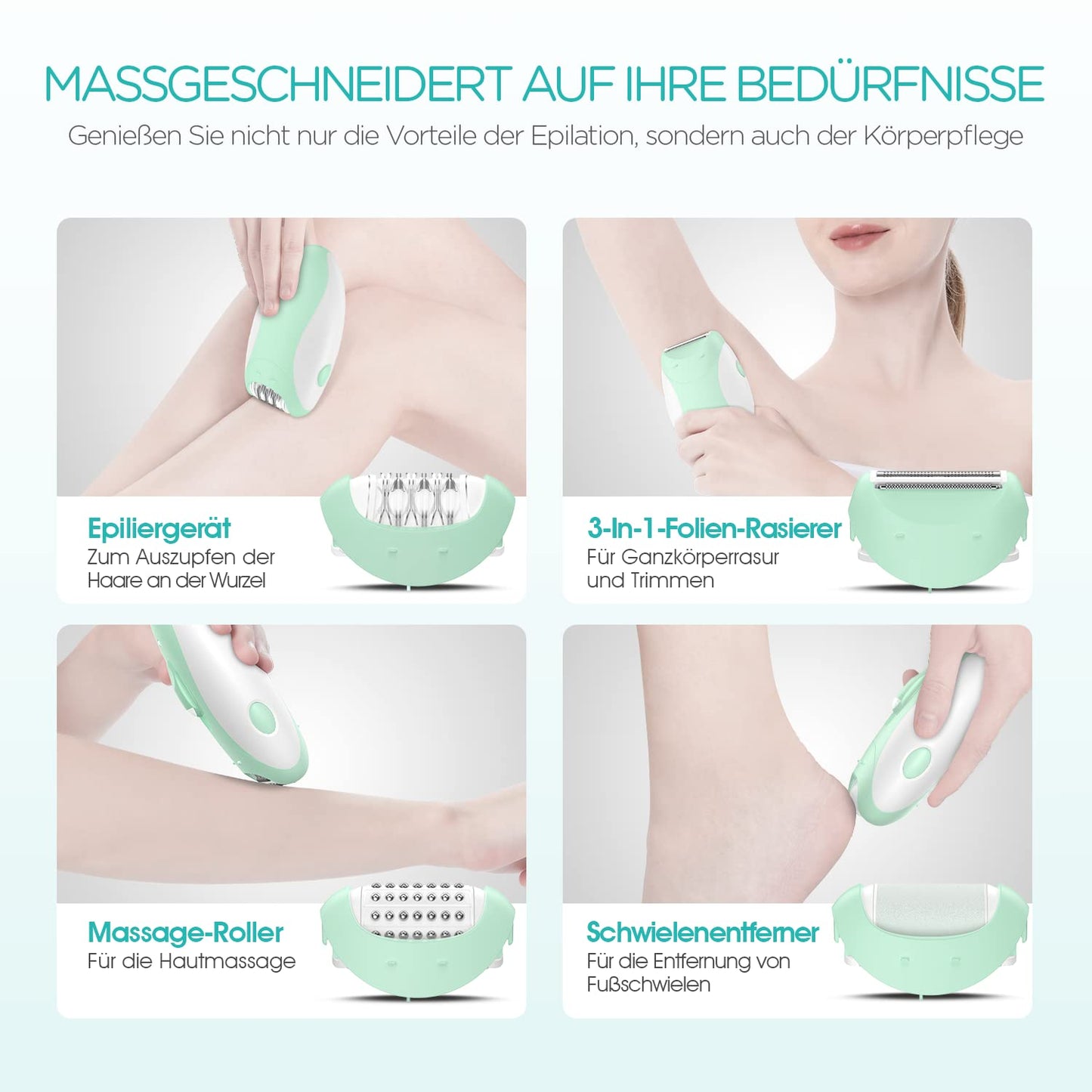 VOGOE Women's Epilator for Hair Removal, Epelator Body 4 in 1 Electric Wireless, 21 Tweezers for Face, Legs, Arms, Bikini, HR310 Green
