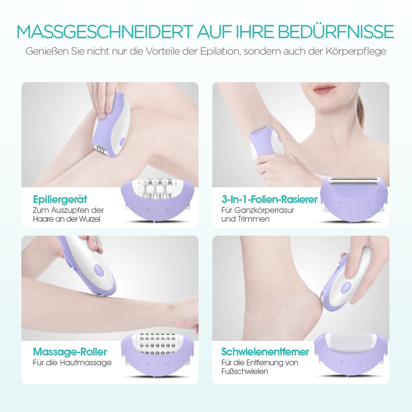 VOGOE Women's Epilator for Hair Removal, Epelator Body 4 in 1 Electric Wireless, 21 Tweezers for Face, Legs, Arms, Bikini, HR310 Green