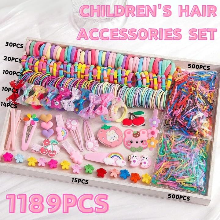 LUFFLOK 1189 Stück Haargummis Mädchen, Bunte Haargummis und Scrunchies, Süße Haarklammern, Haargummi Damen ohne Schäden, Kleine Haarspangen und Mädchen Haarschmuck Set für Feines Haar (1189 Stück)