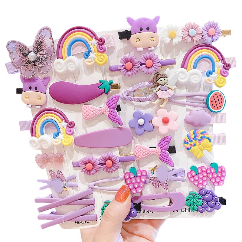 28 Stück süße Haarspangen, modische Haar-Accessoires für Mädchen, Blumen, Früchte, bunt, Regenbogen, Süßigkeiten, Desserts, niedliche Tier-Haarspangen-Set, rutschfeste Metall-Druckknöpfe (Rosa)