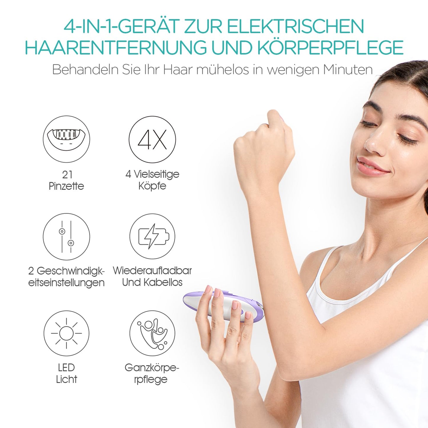 VOGOE Women's Epilator for Hair Removal, Epelator Body 4 in 1 Electric Wireless, 21 Tweezers for Face, Legs, Arms, Bikini, HR310 Green