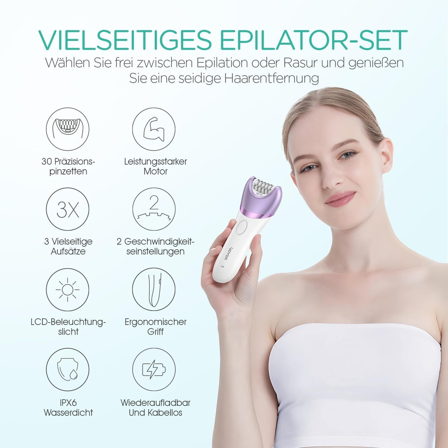 VOYOR Epilierer Damen für Haarentfernung, Elektrischer Kabelloser Epilierer, 3 Aufsätze für Rasierer und Trimmer Gedeckte 30 Pinzetten, Nass & Trocken, mit LCD-Licht BM300 (Lila)