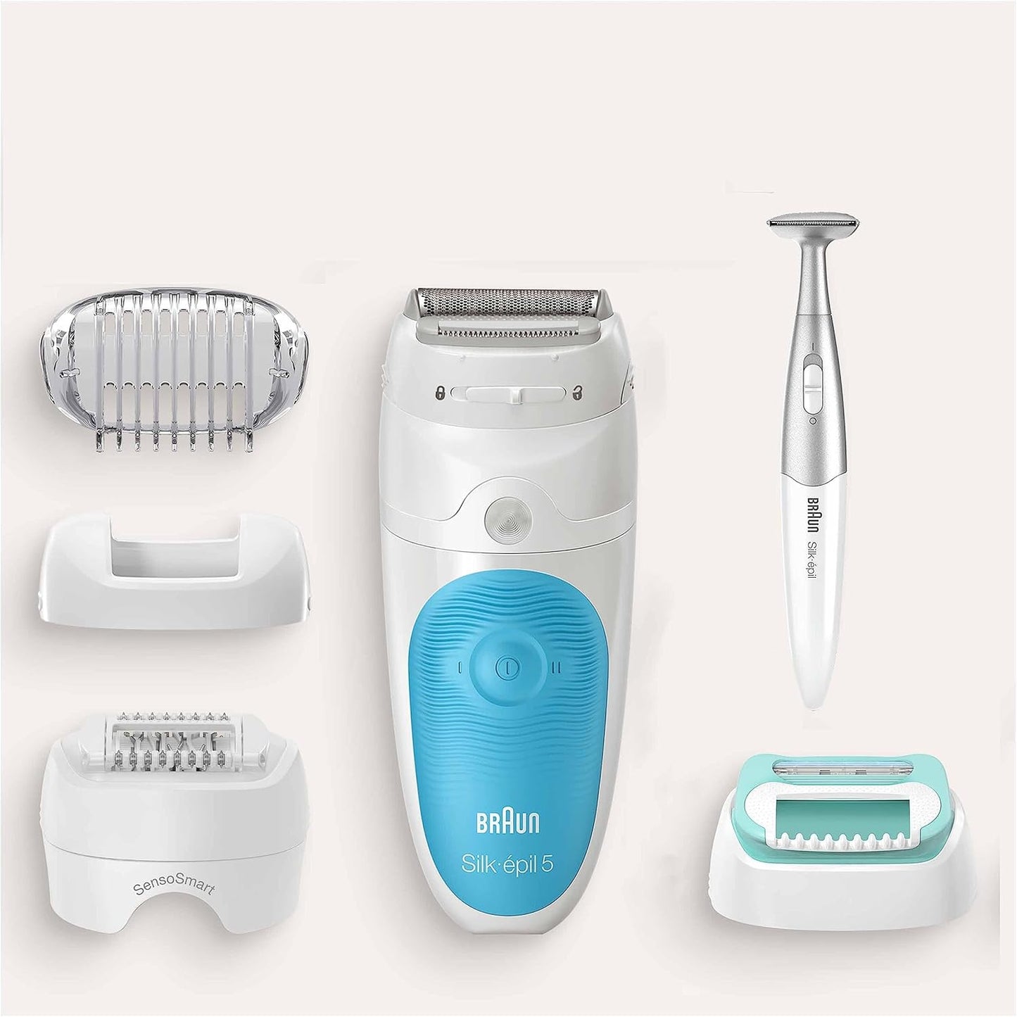 Braun Silk-épil 5 Epilierer Damen für Haarentfernung / Haarentferner, inkl. Bikinitrimmer (Haartrimmer Intimbereich), Hochfrequenz-Massageaufsatz, 5-810, weiß/türkis