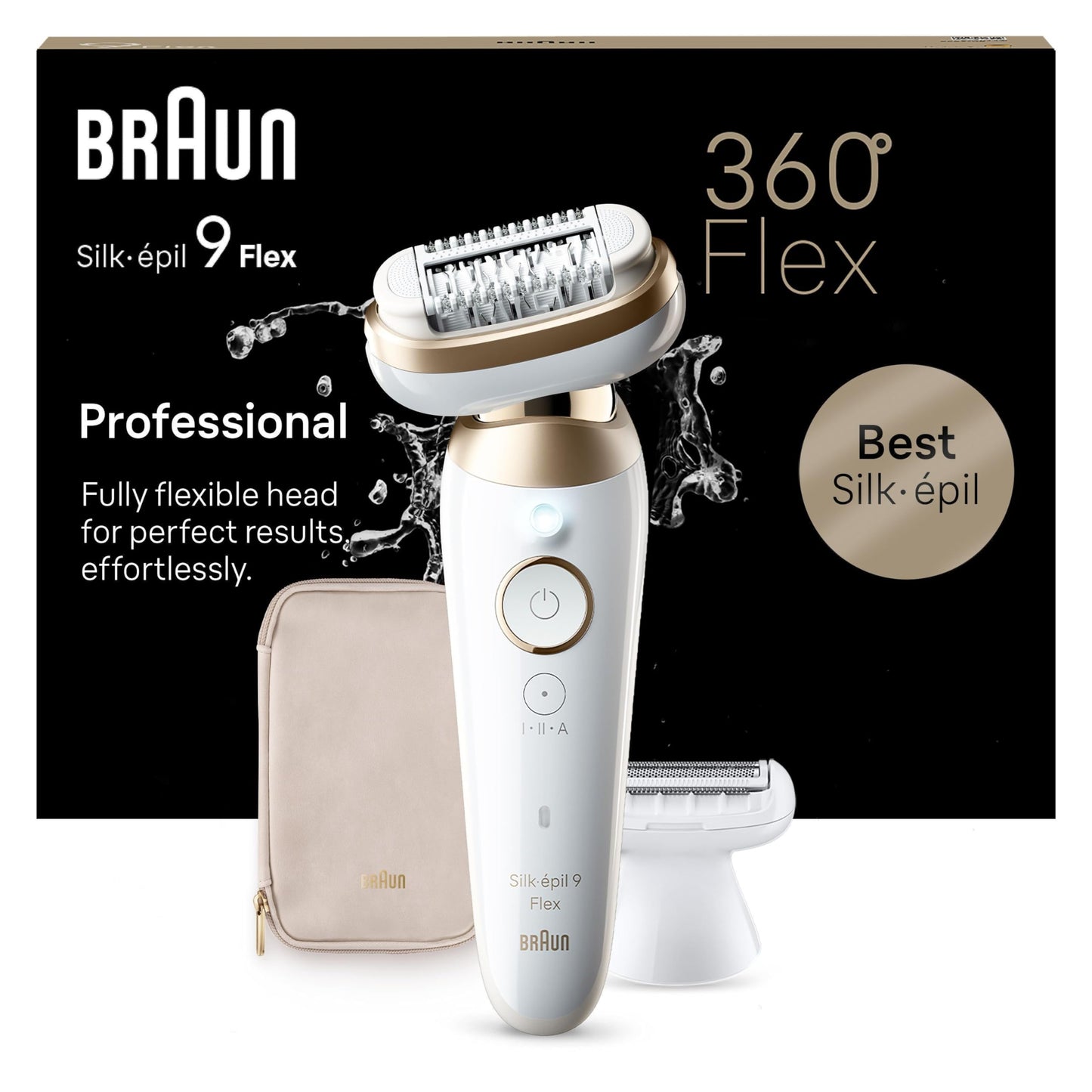 Braun Silk-épil 9 Flex, Epilierer mit flexiblem 360°-Kopf für eine einfache Haarentfernung, Wet&Dry, langanhaltend glatte Haut, Ladyshaver, mit Rasieraufsatz und Trimmeraufsatz, 9-041 3D, Weiß/Gold