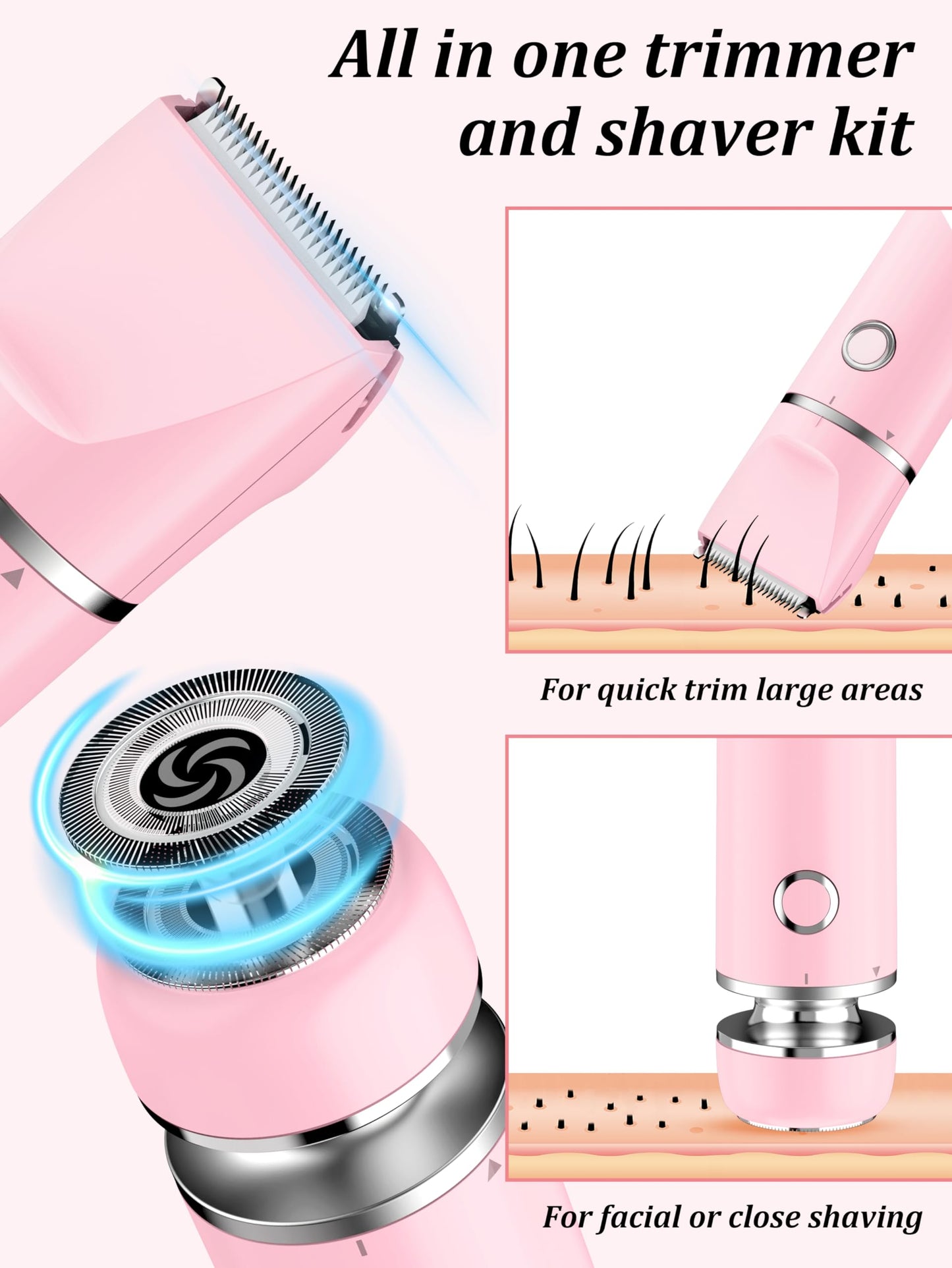 Cayzor Intimate Shaver for Women - 2 in 1 Wet/Dry Waterproof Razor Women's Intimate Area Wireless and Painless Facial Hair Remover for Pubic Face Armpits Legs