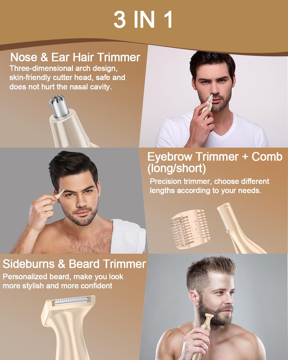 Nasenhaartrimmer, USB Wiederaufladbar Nasenhaarschneider 3 in 1 Set Ohrhaarschneider mit Doppelschneideklingen, Professioneller schmerzfreier Augenbrauen und esichtshaartrimmer für Männer und Frauen