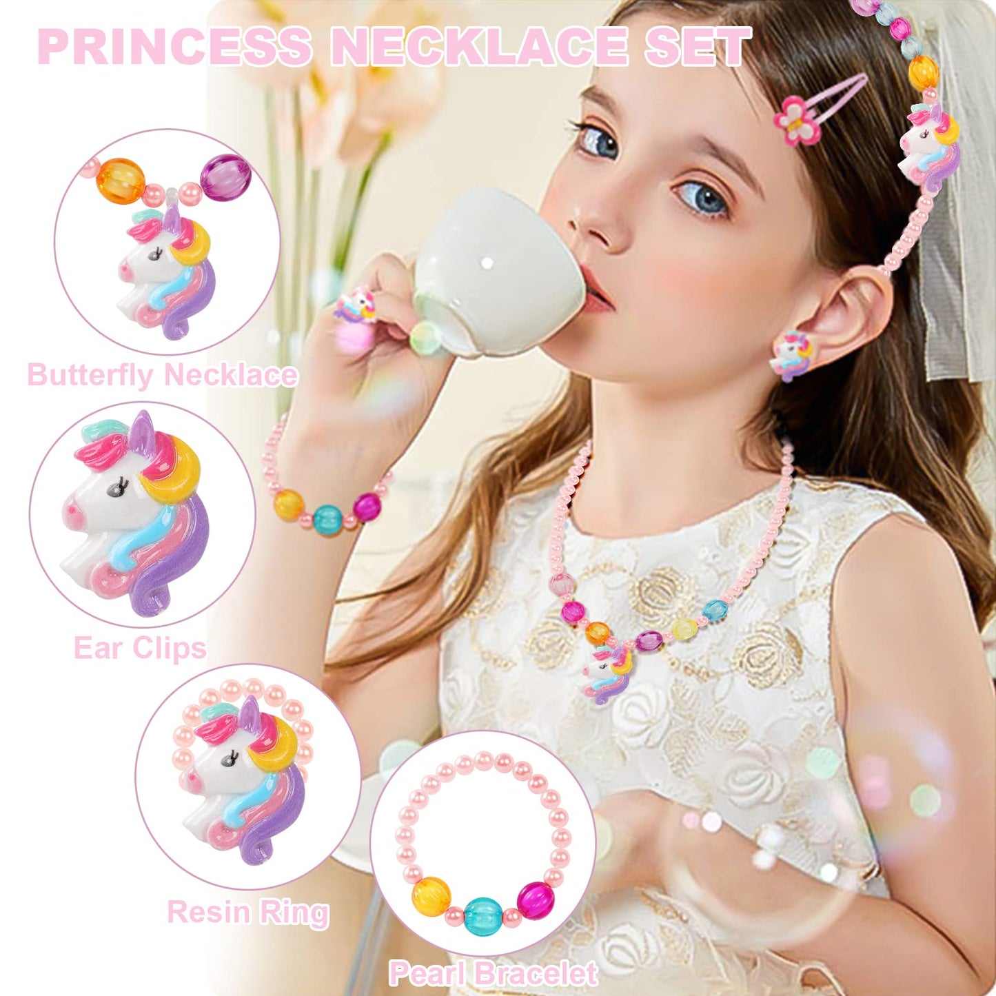 OSDUE Schmuckset Mädchen, Kinderschmuck Enthalten Halskette, Ringe, Armbänder, Ohrring, Schmuck Set Einhorn für Party Dress Up Geschenk