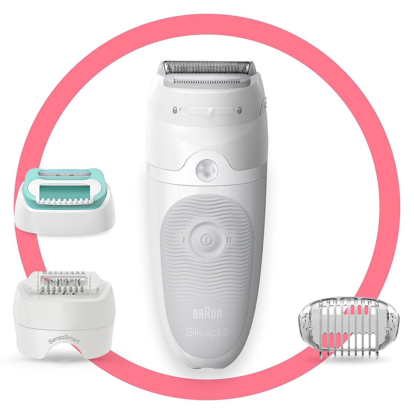 Braun Silk-épil 5, Epilierer Damen / Haarentferner für langanhaltende Haarentfernung, Ladyshaver,Trimmeraufsatz, Peelingaufsätz, Made in Germany, 5-060, Weiß/Flamingorosa