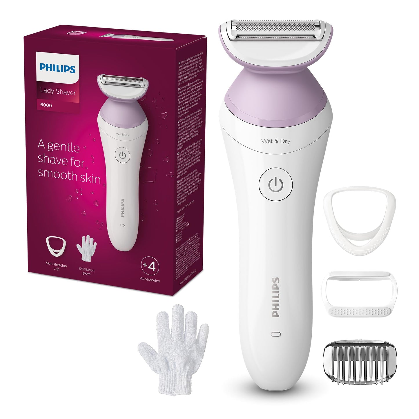 Philips Lady Shaver Series 6000 – Kabelloser Nass- und Trockenrasierer mit 4 Zubehörteilen, Körperpeeling-Handschuh, Kammaufsatz (Modell BRL136/00)