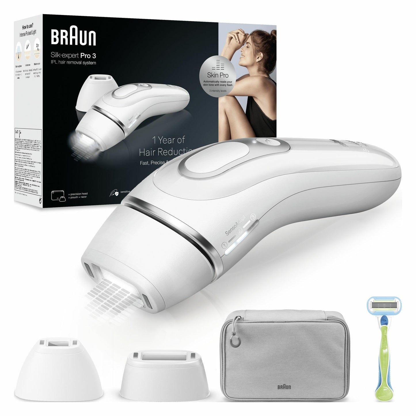 Braun Silk·expert Pro 3 Epilierer mit Lichtimpulsen, semi-Definitive Haarentfernung der Haare, Alternative zu Laser, Tasche, Venus-Rasierer, 2 Köpfe, weiß/silber, PL3122