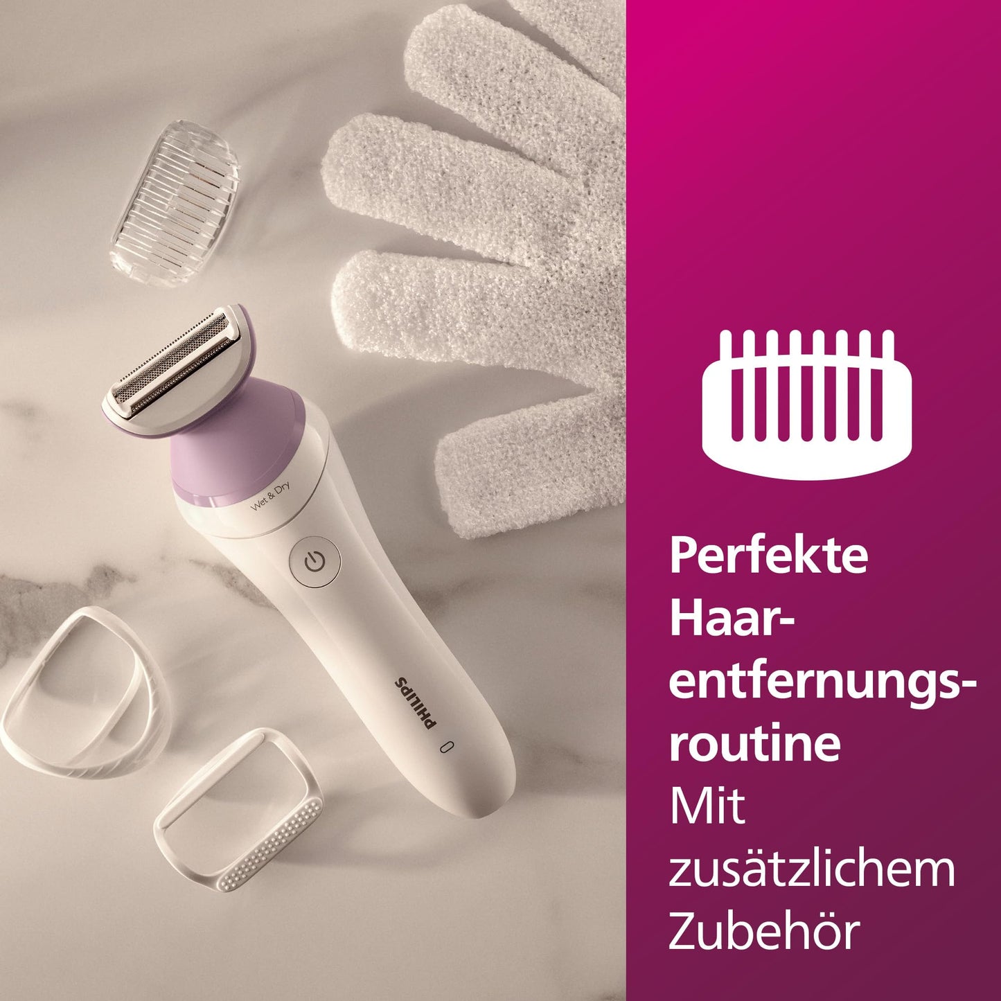 Philips Lady Shaver Series 6000 – Kabelloser Nass- und Trockenrasierer mit 4 Zubehörteilen, Körperpeeling-Handschuh, Kammaufsatz (Modell BRL136/00)