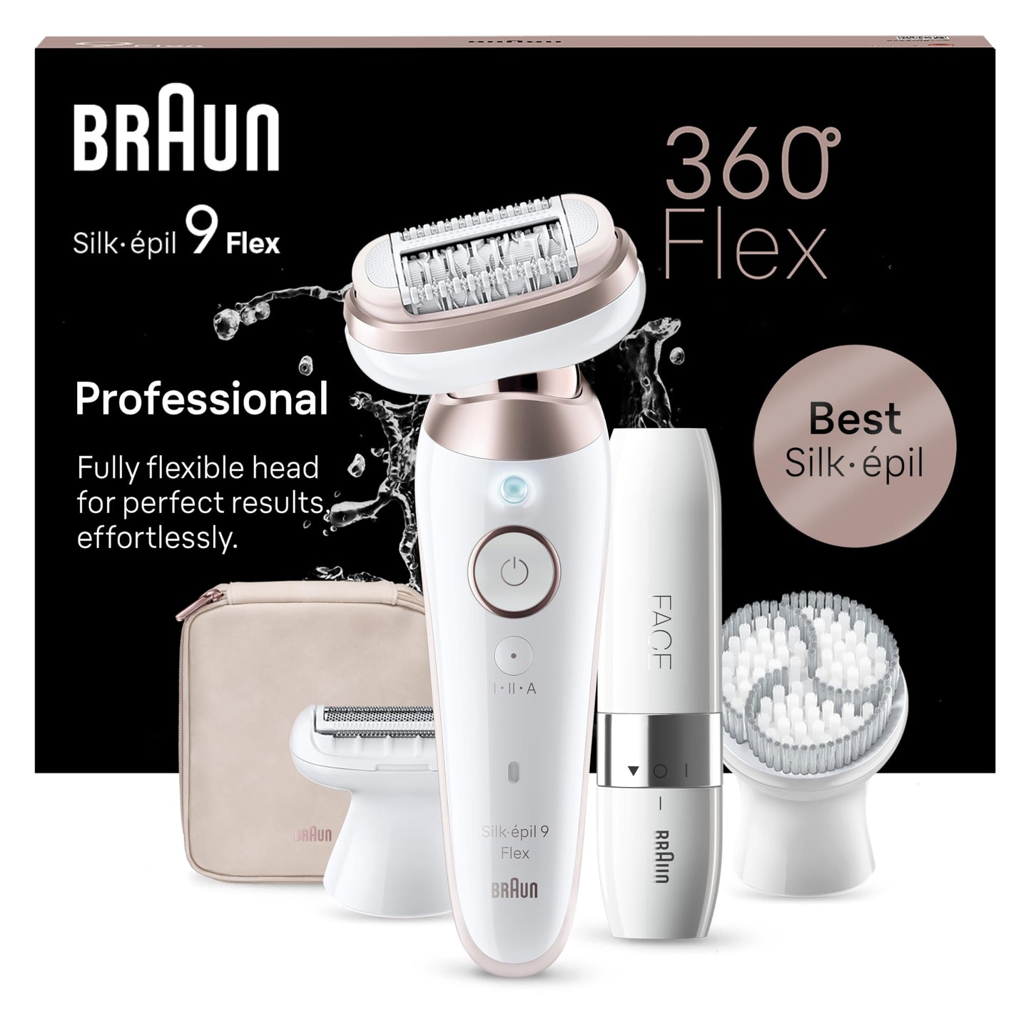Braun Silk-épil 9 Flex, Epilierer mit flexiblem 360°-Kopf für eine einfache Haarentfernung, Wet&Dry, langanhaltend glatte Haut, Ladyshaver, mit Rasieraufsatz und Trimmeraufsatz, 9-041 3D, Weiß/Gold