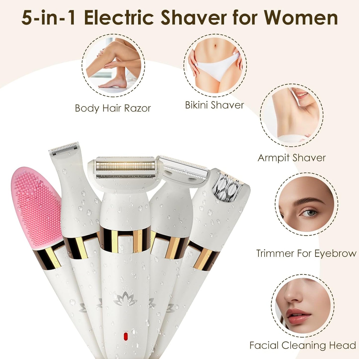 Epilierer Damen, 5 in1 Rasierer Damen Kabellos, Damenrasierer Elektrisch, Intimrasierer für Frauen USB Lady Shaver Elektrisch,IPX4 Nass- und Trockengebrauch für Beine, Arme, Achseln,Bikinizone