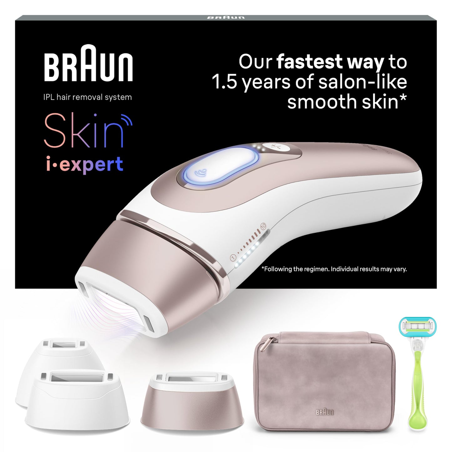 Braun Smart IPL 7 Skin i·expert – IPL Haarentfernungsgerät, Dauerhafte und Schmerzfreie Haarentfernung für Zuhause – inkl. Gratis App, Etui, Venus Rasierer, 3 smarte Aufsätze – PL7253, Weiß/Rosegold