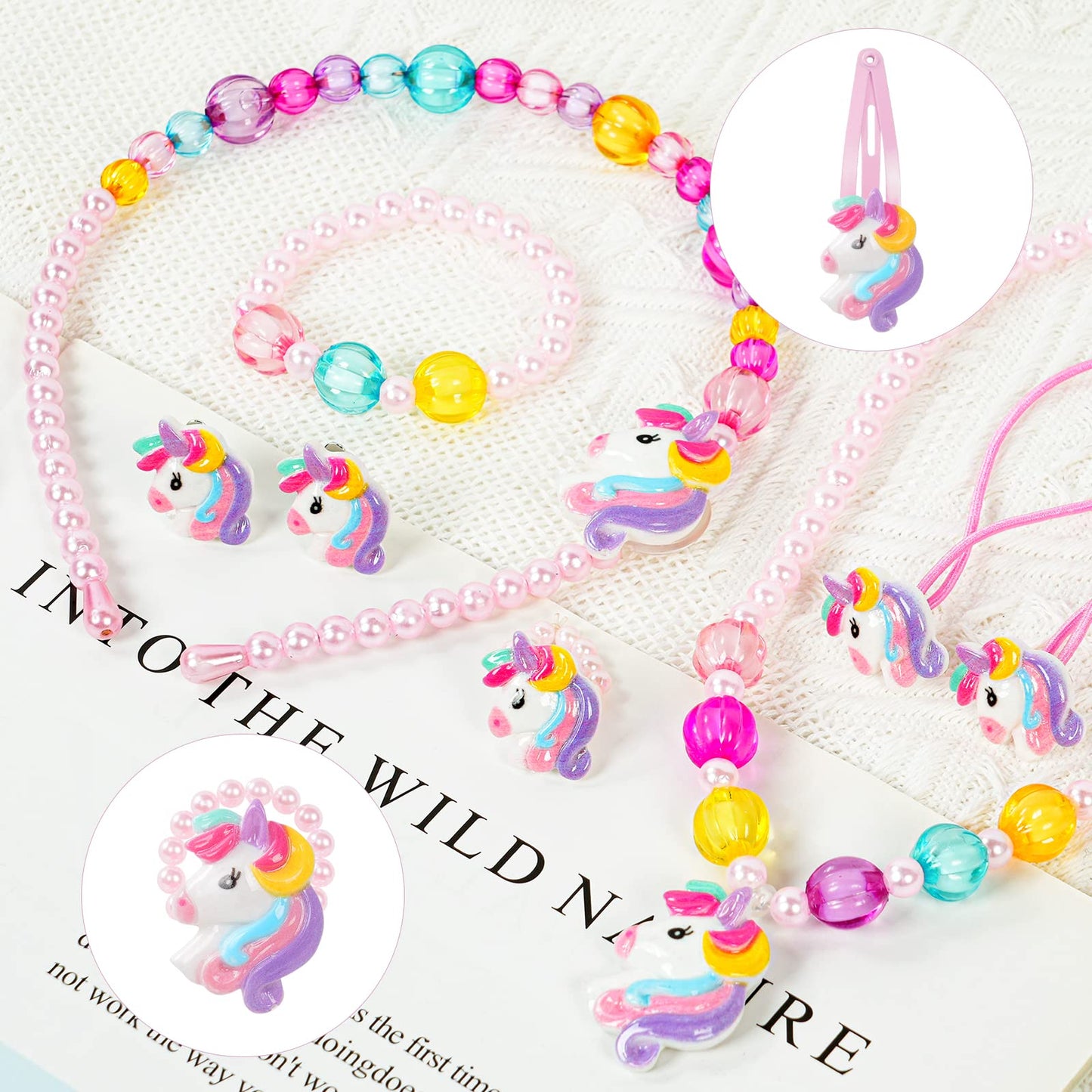 OSDUE Schmuckset Mädchen, Kinderschmuck Enthalten Halskette, Ringe, Armbänder, Ohrring, Schmuck Set Einhorn für Party Dress Up Geschenk