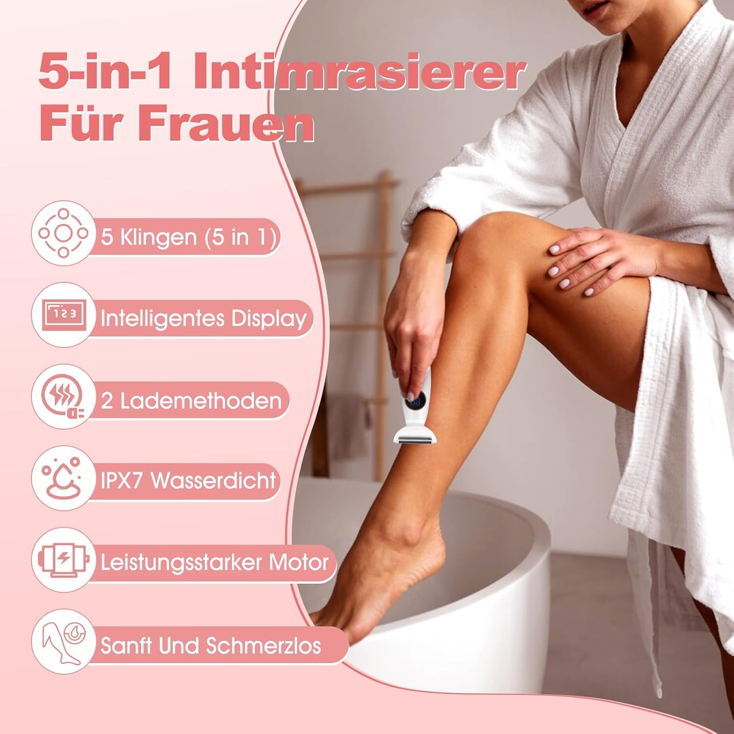 Epilierer Damen, 5-in-1 Kabelloser Intimrasierer Für Frauen, Ipx7 Wasserdicht Damenrasierer Elektrisch, Haartrimmer Intimbereich Mit Ladestation, Bikini Trimmer Für Achseln Beine Gesicht Nase