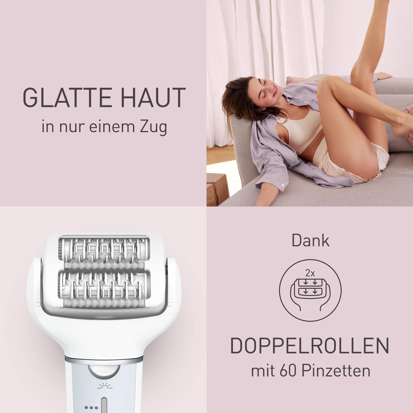 Panasonic ES-EY90-A503 Nass/Trockenepilierer, Dual Disc mit 60 Pinzetten, 90° schwenkbarer Kopf, 3 Geschwindigkeiten & LED-Licht, 30 Min. Betrieb, kabellos, Haarentferner, Scher- und Fußpflegekopf.