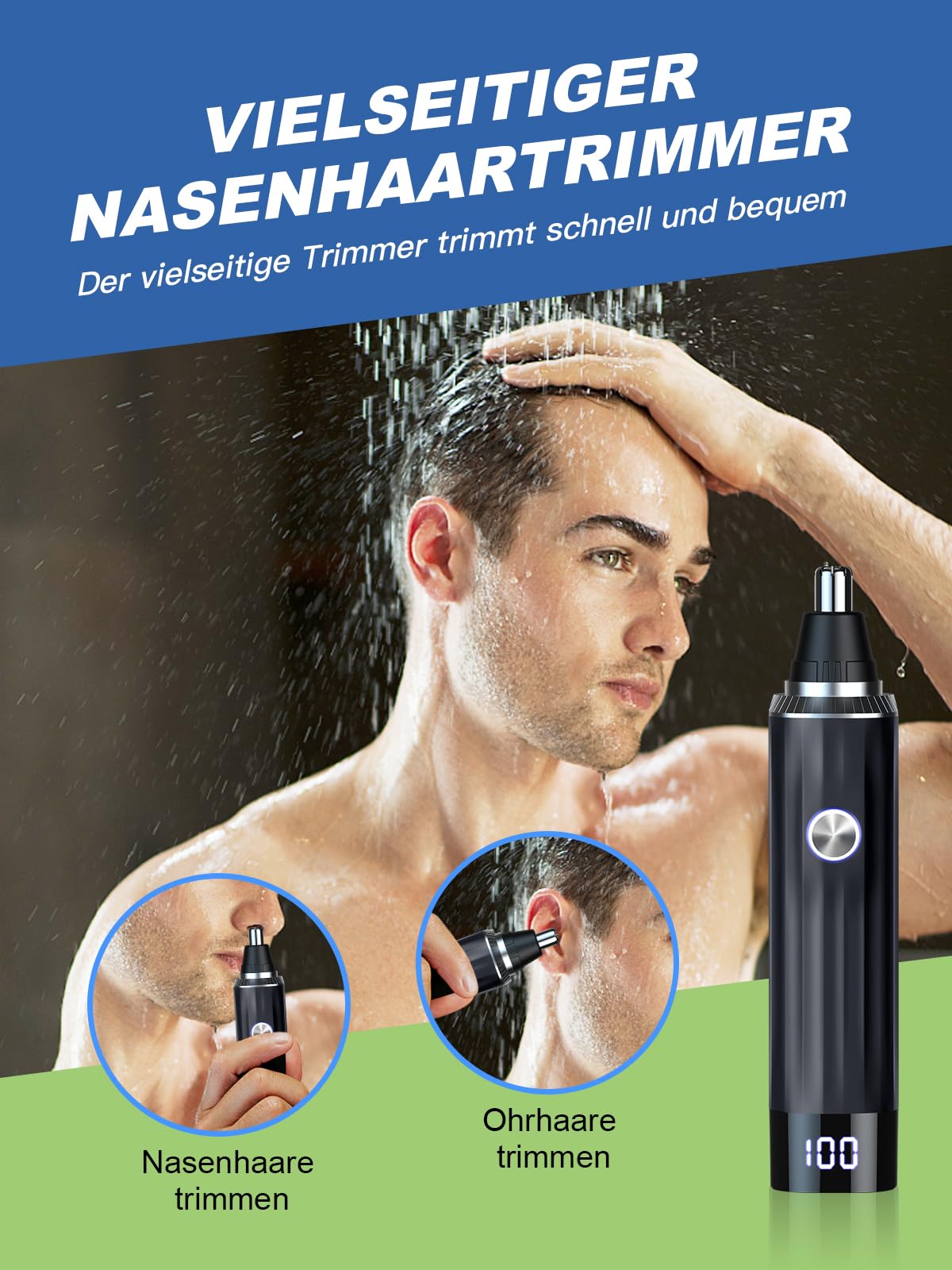 Brigin Nasenhaartrimmer, Wiederaufladbarer Nasenhaarschneider mit LED-Anzeige, 2 IN 1 Schmerzfreier Multifunktionaler Ohr und Nasenhaartrimmer mit IPX7 Wasserdichten, Doppelschneidigen Klingen