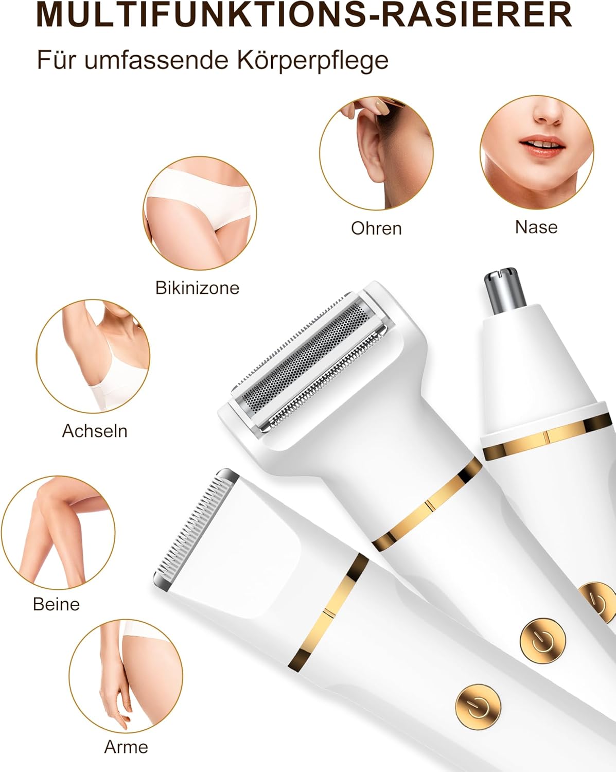 Rasierer Damen, 3-in-1 Intimrasierer für Frauen für Beine, Arme, Achseln und Bikinizone, Wiederaufladbar mit USB-Ladestation, Wasserdicht für Nass- und Trockenanwendung Damenrasierer Elektrisch, Weiß