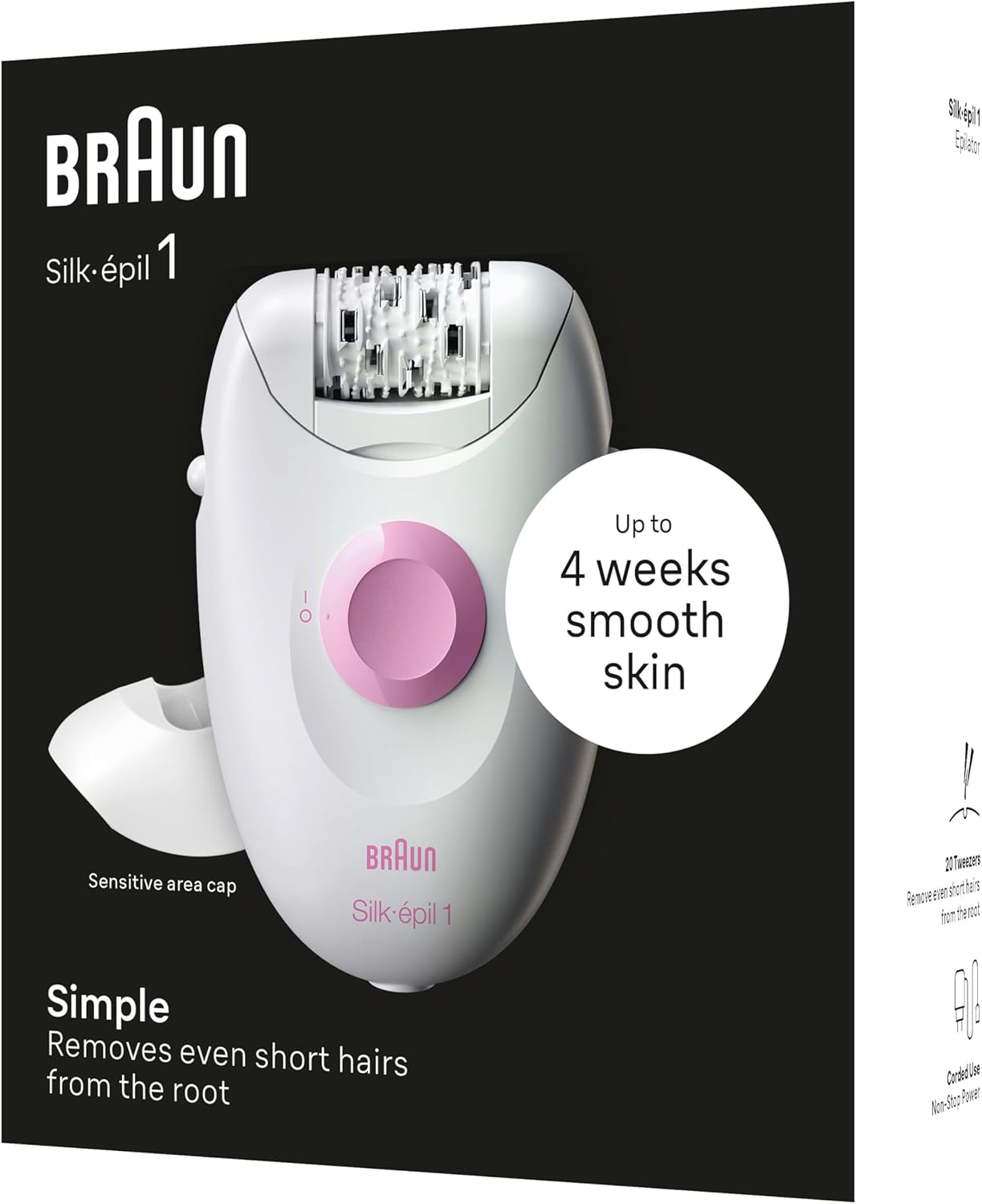 Braun Silk•épil 1 1-010 Epilator with Cable for Hair Removal, for Weeks, Soft Skin, White/Pink